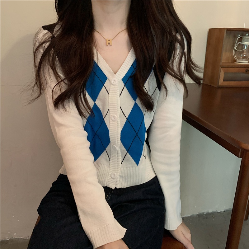 Áo khoác cardigan tay dài cổ chữ V họa tiết hình thoi thiết kế thời trang mùa thu phong cách Hàn Quốc cho nữ | BigBuy360 - bigbuy360.vn