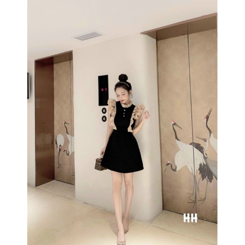 V672 Đầm hot girl, Đầm thiểu thư siêu sang chảnh, cổ xếp ly phối cúc ngọc, tay cánh tiên xếp ly tỉ mỉ