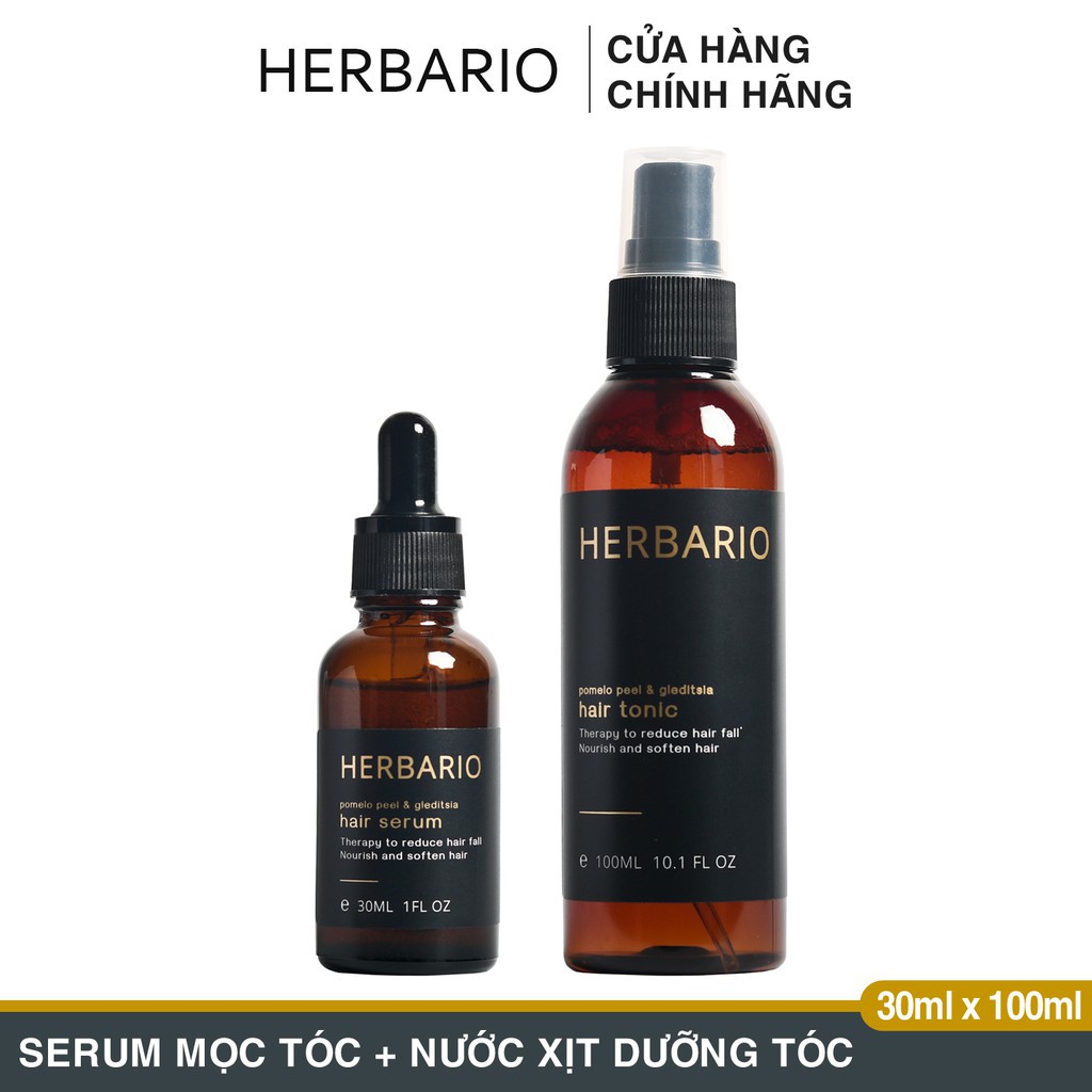 Bộ serum mọc tóc 30ml và nước dưỡng tóc 100ml vỏ bưởi và bồ kết herbario, kích thích mọc tóc chuyên sâu