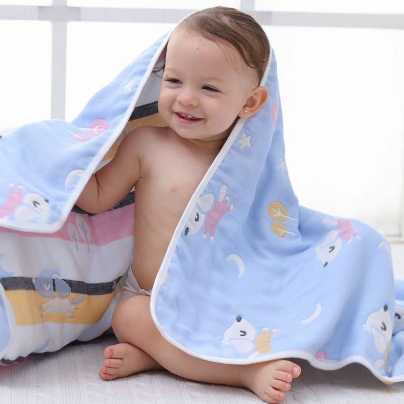 Chăn cho bé 6 lớp cotton muslin họa tiết 2 mặt 110x110cm, khăn tắm sơ sinh mềm mại cho trẻ, áo choàng tắm