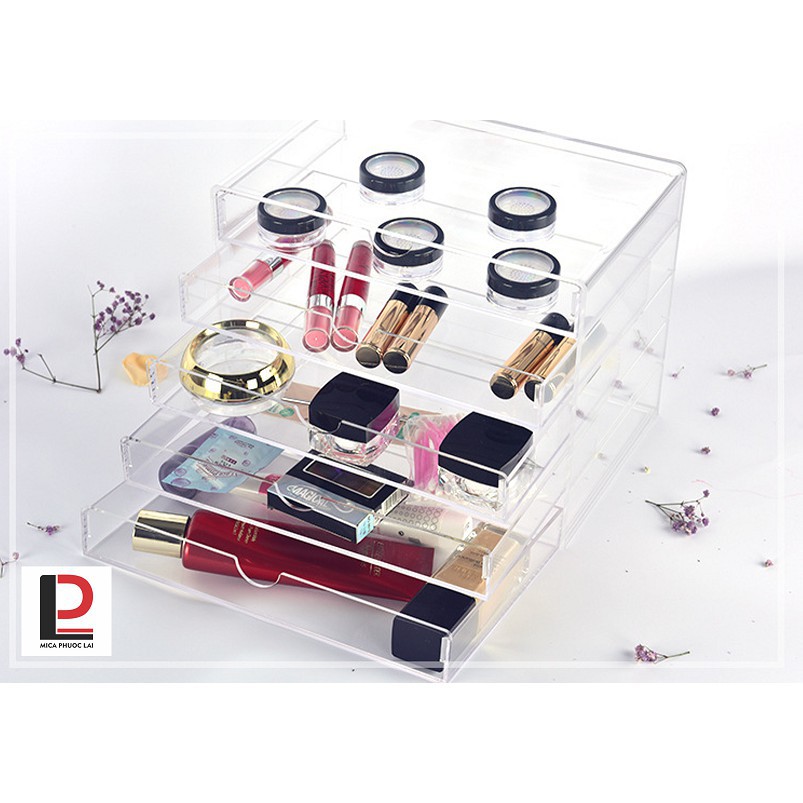 Hộp mica trưng bày mỹ phẩm cao cấp/ Hộp 5 ngăn kéo chống bụi