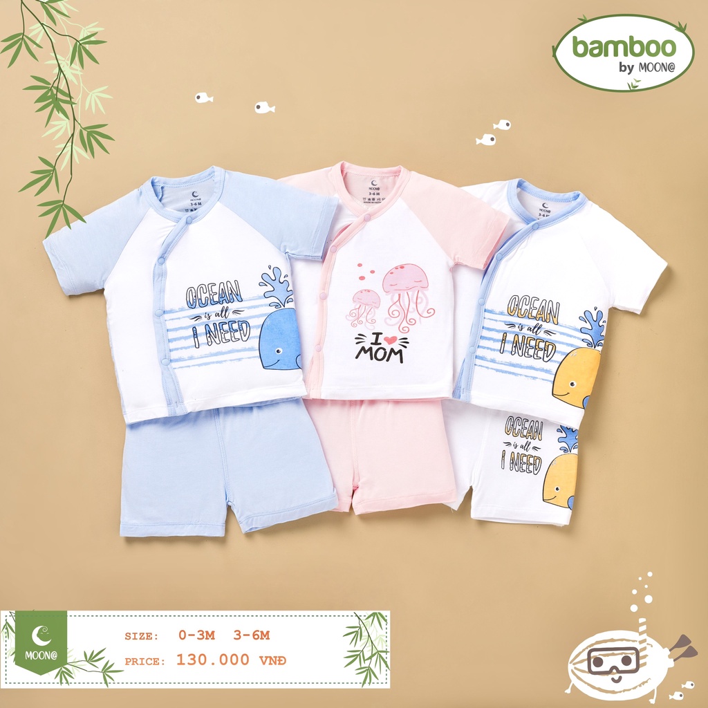 Bộ cộc cài chéo MOON sơ sinh cài lệch vải sợi tre mỏng hè mát