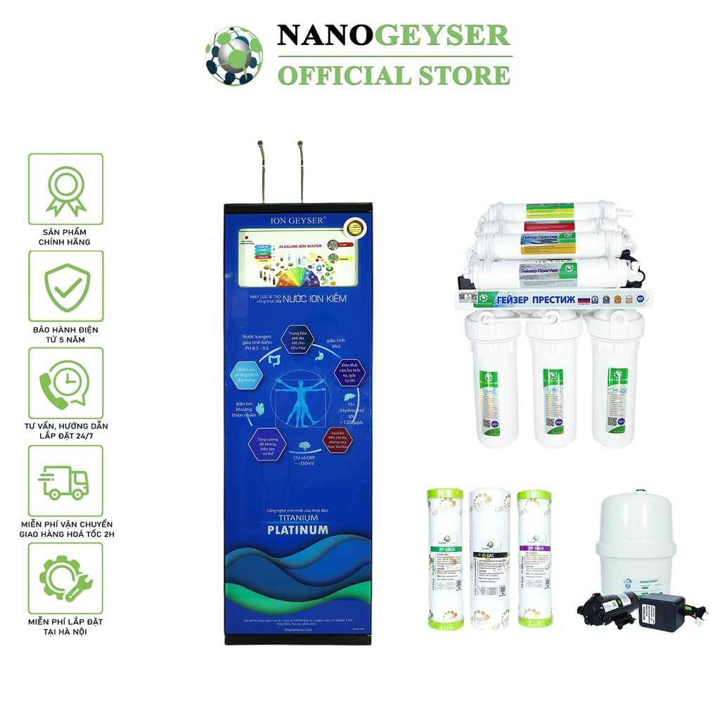 Máy lọc nước Ion Kiềm Nano Geyser, 2 chế độ nước Tinh khiết và Ion kiềm, Bảo hành điện tử 5 năm qua app chính hãng