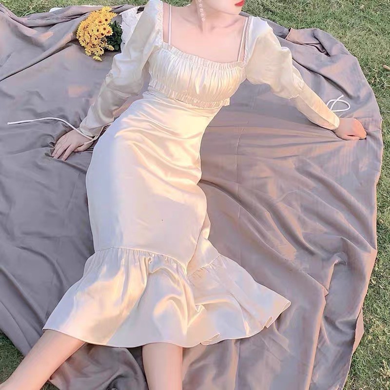 Váy dự tiệc Đầm lụa nữ đuôi cá tay phồng Hàn Quốc | BigBuy360 - bigbuy360.vn