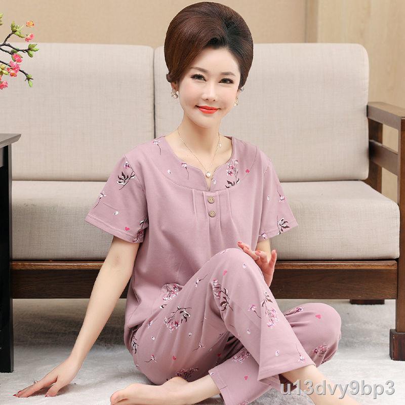 Bộ đồ ngủ cotton thuần khiết, quần dài nữ ngắn tay, rộng rãi, áo ở nhà có mũ cho người trung niên và già