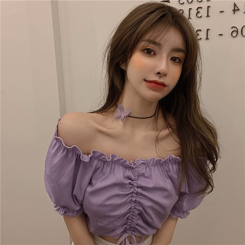 Áo trễ vai croptop rút ngực ulzzang phong cách Hàn Quốc, Áo hở vai rúm ngực ulzzang C48 - MaoMao