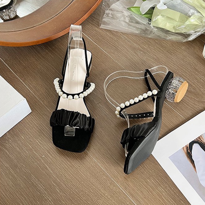 Giày xăng đan IELGY gót vuông có cỡ lớn đính ngọc trai nhân tạo thời trang cho nữ