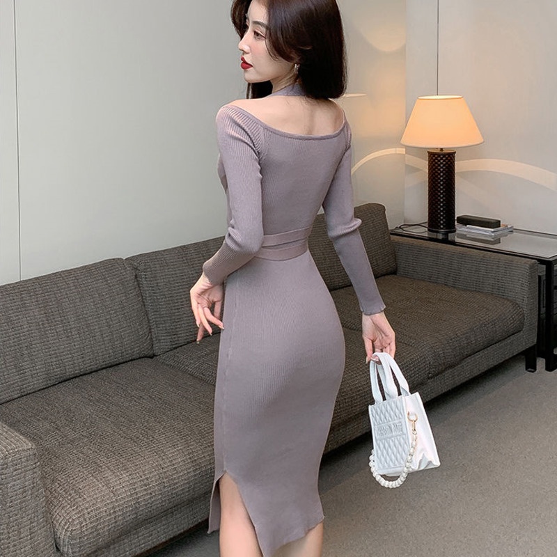 Đầm dệt kim phối ren thiết kế xẻ tà quyến rũ cho nữ