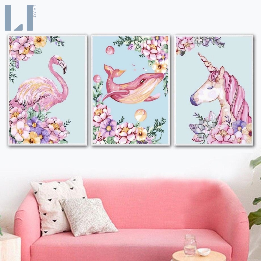 Tranh sơn dầu số hoá có khung LIM Art - Tranh tô màu theo số động vật ngựa pony, hồng hạc, cá heo