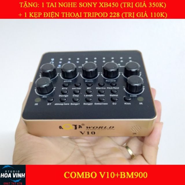 Combo livestream mic Woaichoang BM-900 soundcard V10 bluetooth tặng tai nghe kẹp điện thoại