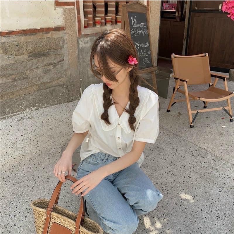 Áo sơ mi trắng ngắn tay cổ bèo tim cổ Hàn Quốc
