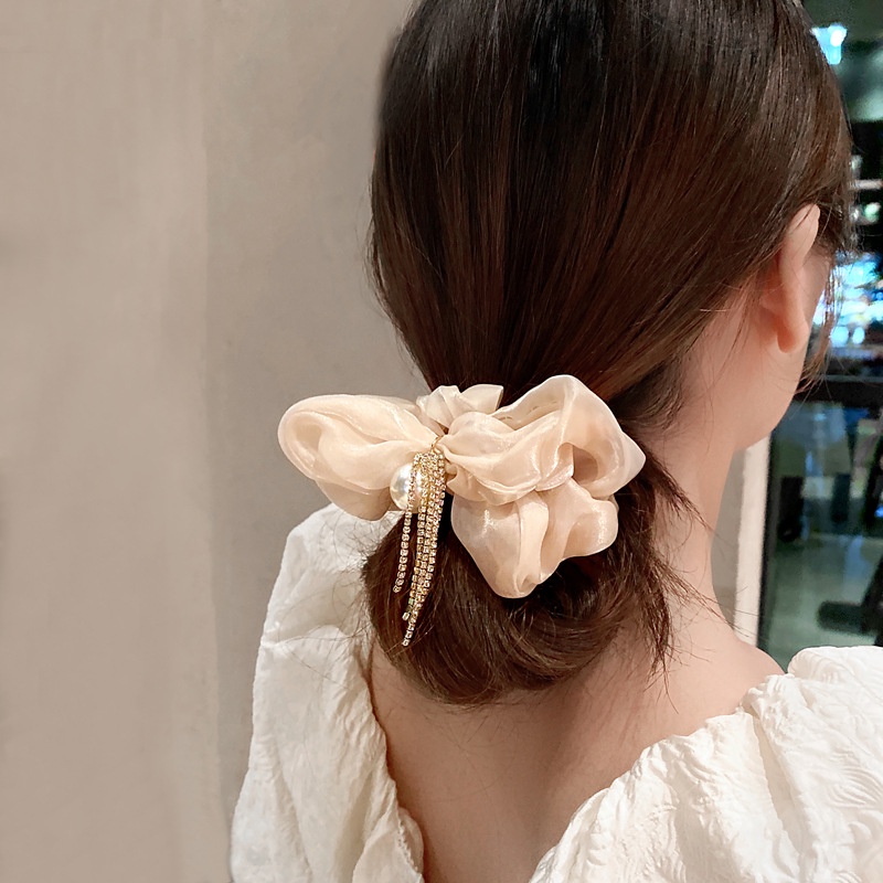 Dây Cột Tóc Cao Su Bản Lớn Đính Hạt Ngọc Trai