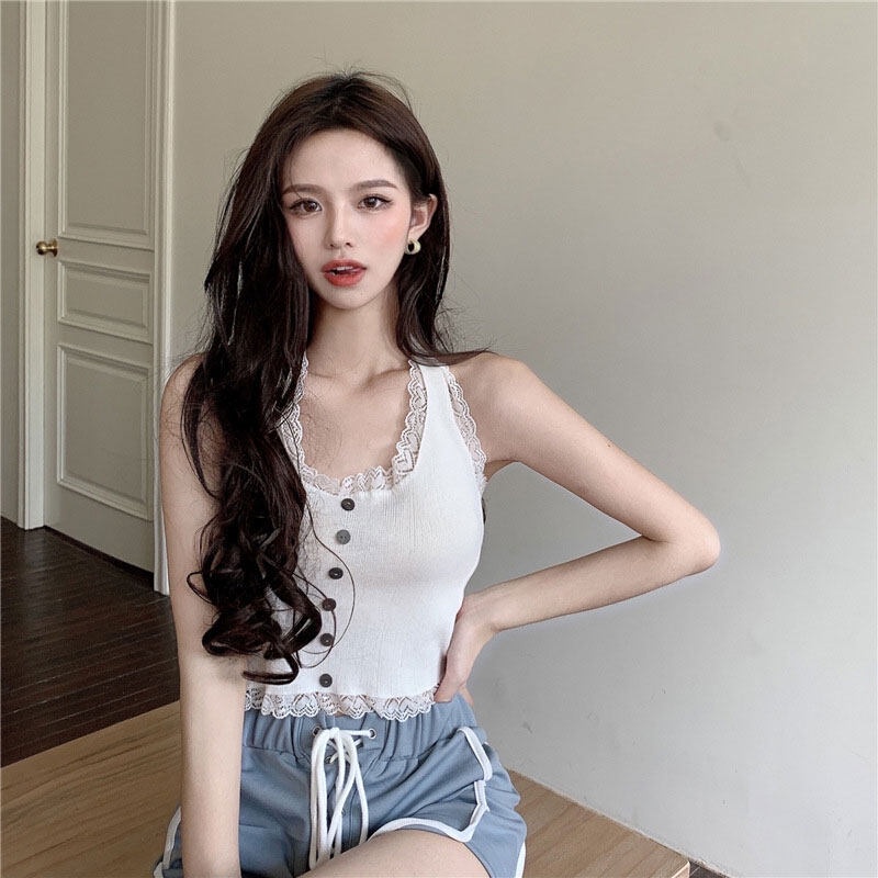 Áo croptop YEYA dệt kim phối ren lưng cao thời trang quyến rũ tùy chọn màu sắc dành cho nữ