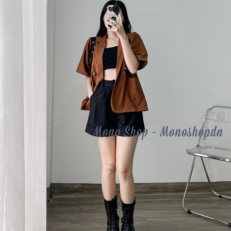 Áo blazer ngắn tay túi hộp nhún vai Ảnh thật/ sẵn