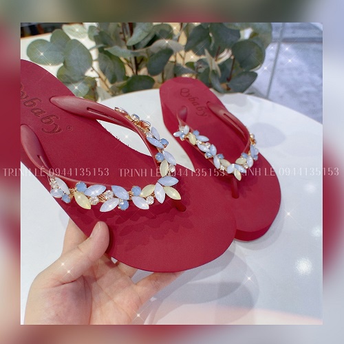Dép kẹp, dép xỏ ngón, tông nữ đính đá Quảng Châu Qybaby 025 đế cao 5cm đen/xanh lá/đỏ/hồng/nude - TRINH LÊ SHOP