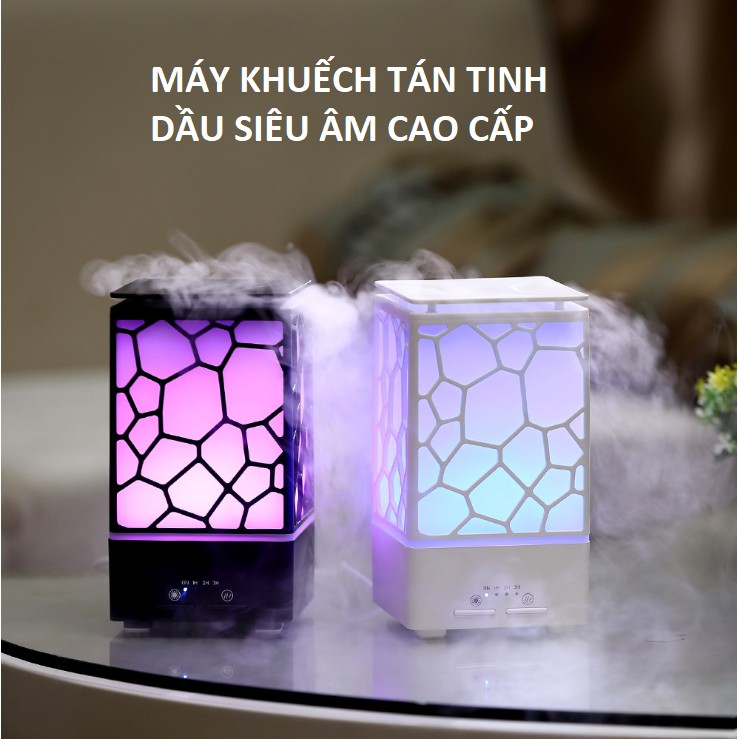 Máy xông tinh dầu phun sương bù ẩm hình dạng lập phương theo phong cách Nhật Bản dung tích 200ml có đèn led 7 màu