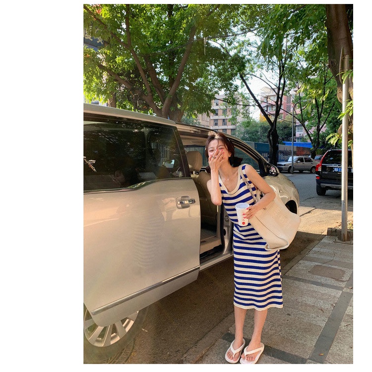 Đầm Dệt Kim Mỏng Cổ Tròn Họa Tiết Kẻ Sọc Đơn Giản Thời Trang Hàn Quốc