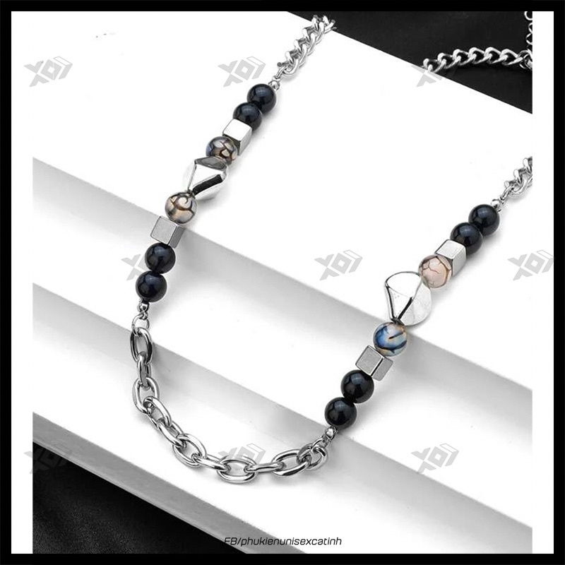 Vòng cổ Phối Hạt Đá Và Thép Titan không gỉ Cá Tính - Dây chuyền unisex cho nam nữ Độc Đáo