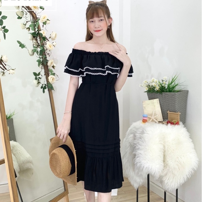 Đầm Nữ Suông NHẬT VY Trễ Vai Phối Viền Ren Kèm Dây Thắt Eo - D2046