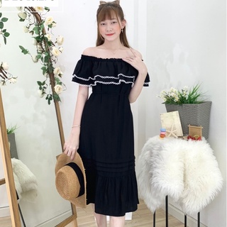 Đầm Nữ Suông NHẬT VY Trễ Vai Phối Viền Ren Kèm Dây Thắt Eo - D2046