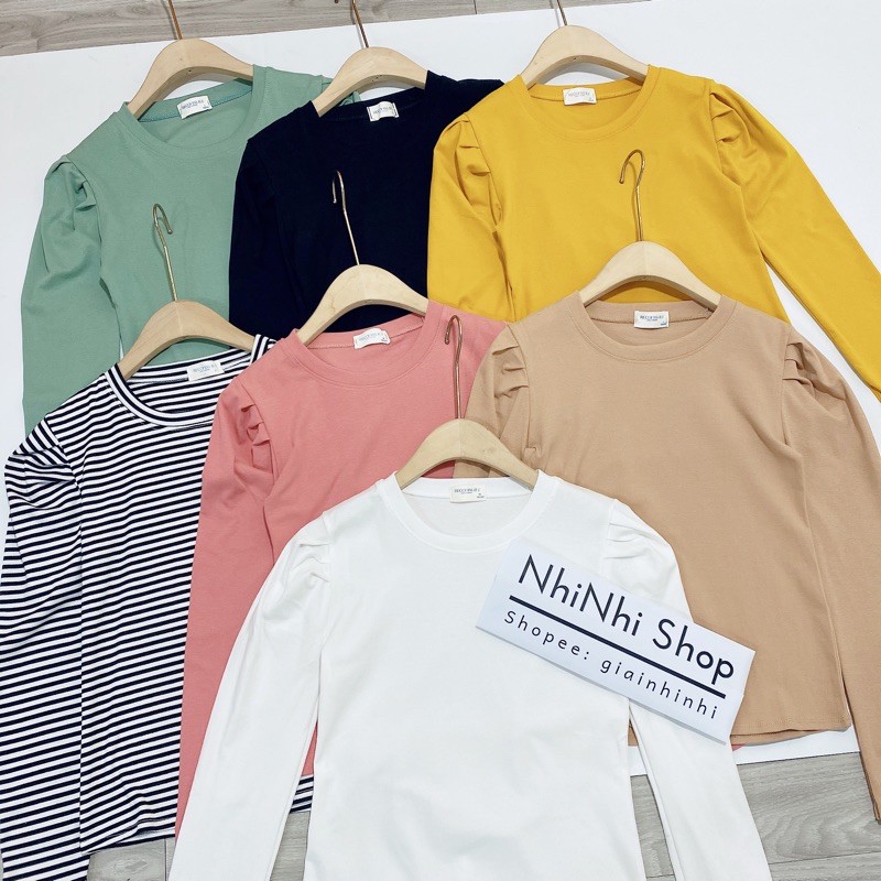 Áo thun tay bồng cổ tròn, Áo kiểu nhún vai dài tay cotton zip co giãn 4c - NhiNhiShop