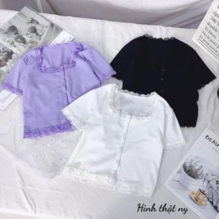 [vz23]  Áo kiểu croptop nút phối ren
