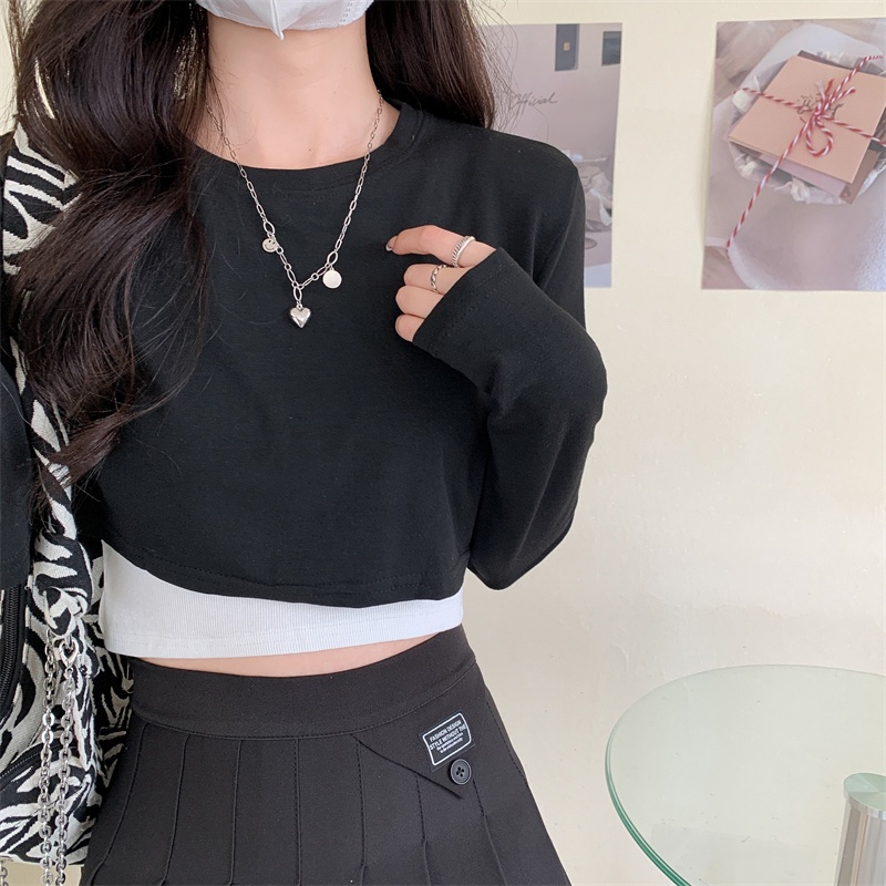 【ZHELIHANGFEI】Áo Thun Dài Tay Hở Eo Thiết Kế Giản Dị Thời Trang