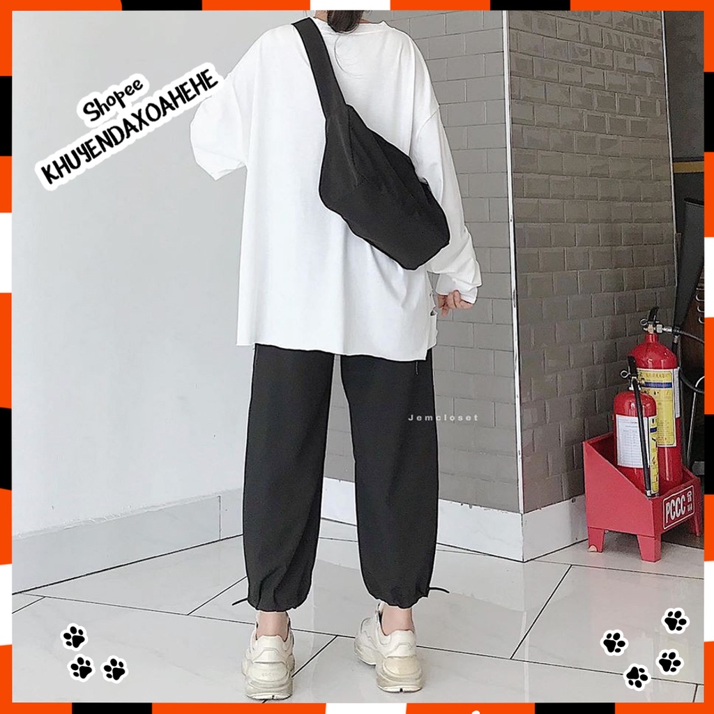 SQ009 Set áo thun dài tay rách Cosmos form rộng + quần Jorgger đen gấu bo nam nữ, bộ áo phông trắng oversize quần dài
