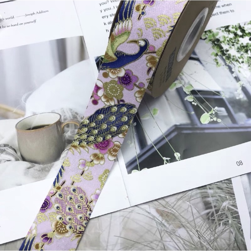 1M ruy băng gấm in họa tiết chim công