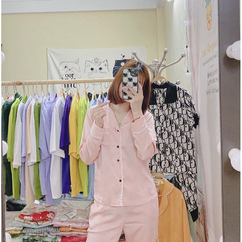 Đồ bộ mặc nhà dài tay quần dài, đồ bộ pyjama lụa đồ ngủ nữ chất liệu lụa tằm cao cấp mềm mịn Full size M L XL (40-63kg)