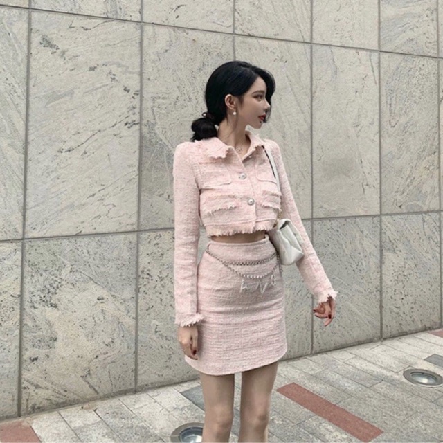 Set vải dạ nút ngọc dài tay màu xanh/ hồng phong cách ulzzang Hàn Quốc SAM SAM BOUTIQUE