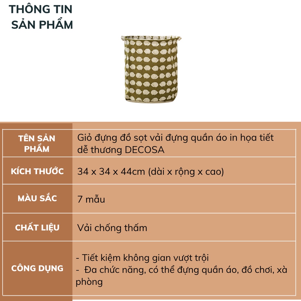 Giỏ đựng đồ sọt vải đựng quần áo in họa tiết dễ thương DECOSA