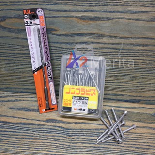 Combo Vít bê tông 5mm đầu bằng F570 & Mũi khoan tường 4.5mm đuôi lục giác (loại dài) Unika (Không cần tắc kê nhựa)