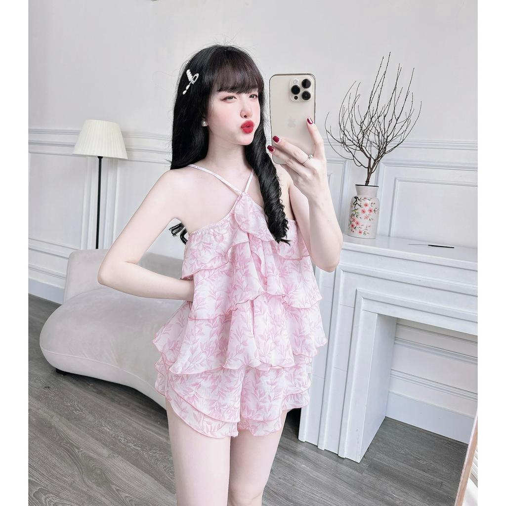 👉👉SIÊU PHẨM ĐỒ NGỦ 👉👉Sét áo gấp ly chiffon voan quần đùi lụa cao cấp freezie 60kg