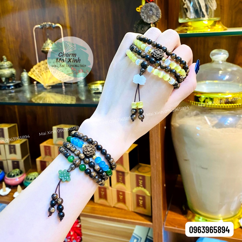 Chuỗi Trầm Hương Sánh chìm 96 hạt 6mm phối Hoa Sen Trầm và Ngoc bích - đá - Vòng Tay Hoa Gỗ tự nhiên Nam Nữ phong thuỷ