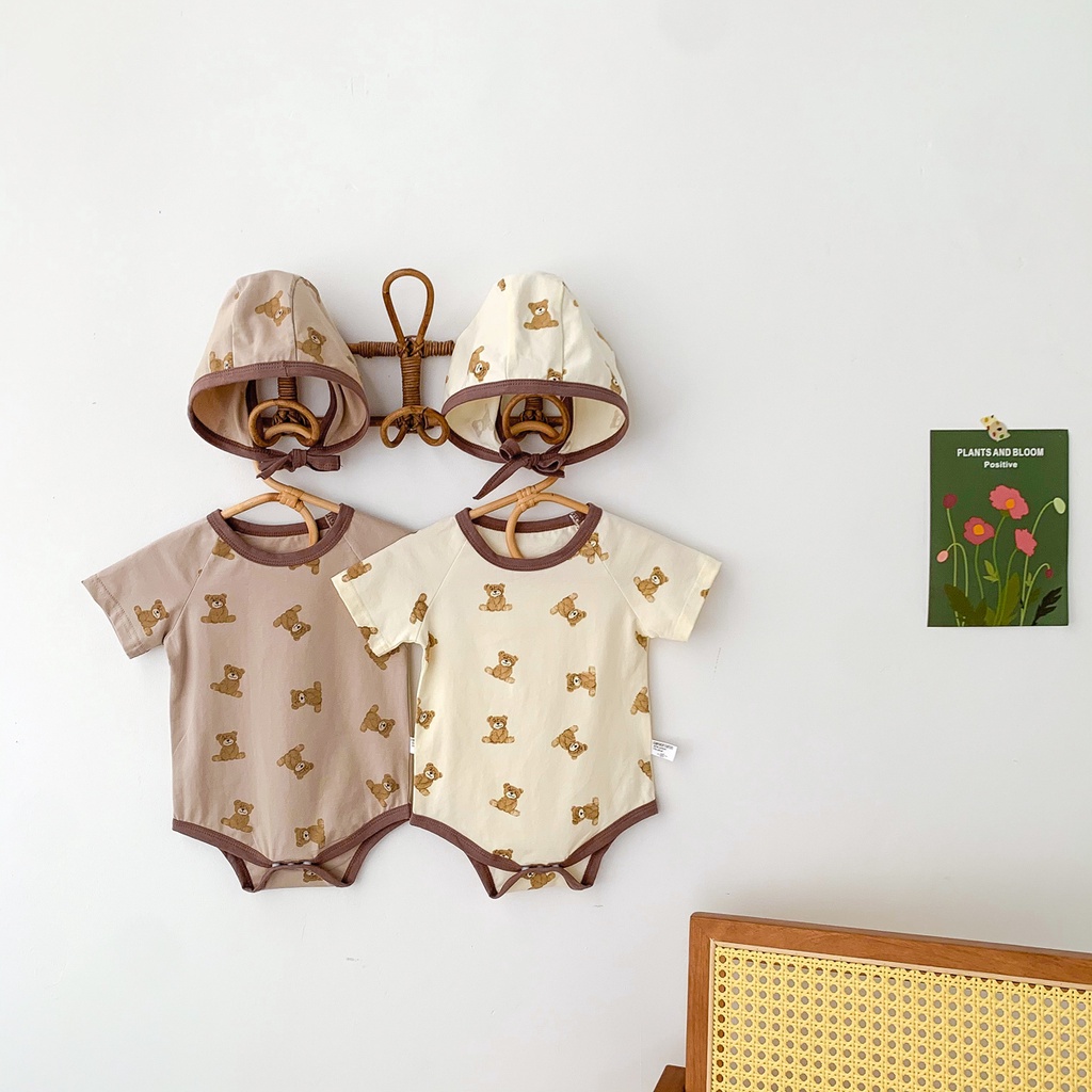 Áo liền quần cotton tay ngắn có mũ xinh xắn dành cho em bé sơ sinh từ 0-2 tuổi