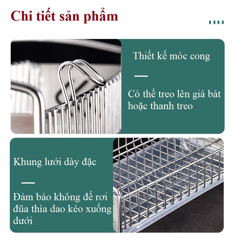 Khay đựng Đũa muỗng thìa dĩa 2 Ngăn Latimax Inox 304 đặt bàn có Móc Treo và Khay hứng nước tiện lợi