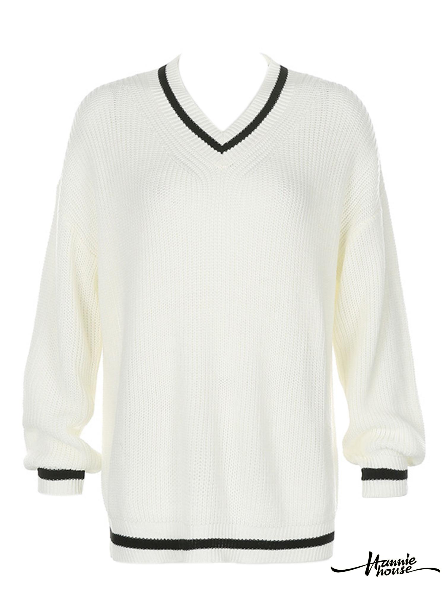 ❥Only➢Women Color Block Sweater, Autumn Adults Loose Long Sleeve V-neck Pullover (White) | BigBuy360 - bigbuy360.vn