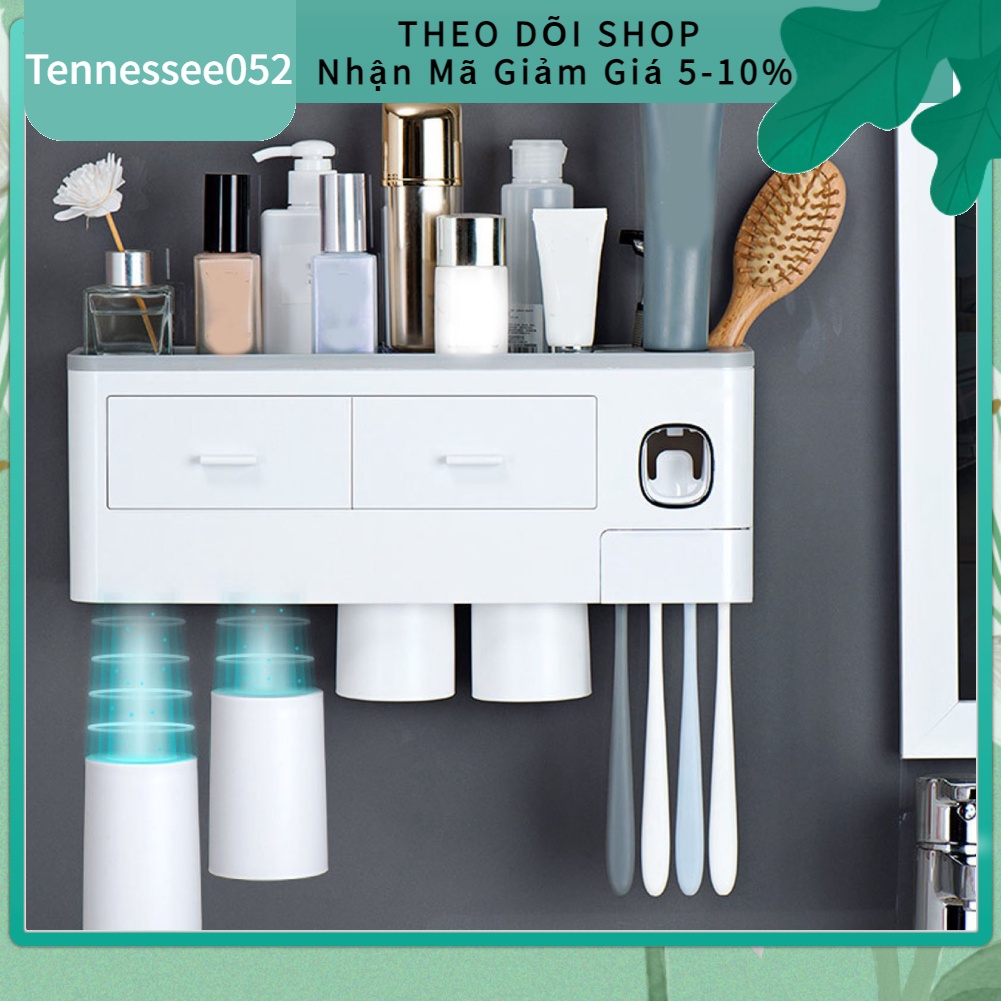 [Hàng HOT] Bộ Nhả Kem Đánh Răng Tự Động, Kệ Để Đồ Phòng Tắm Cao Cấp Treo tường kèm 4 cốc từ tính có ngăn kéo【Tennessee052】