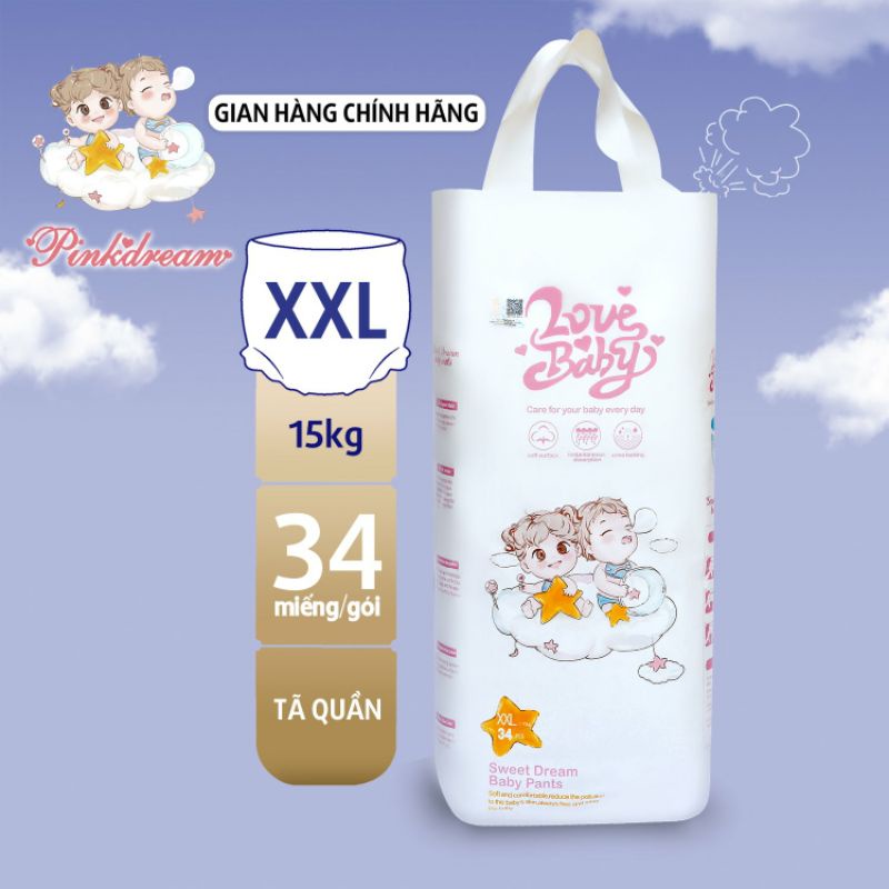 Tã/bỉm quần hữu cơ PinkDream Lovebaby size XXL 34 miếng cho bé trên 15kg