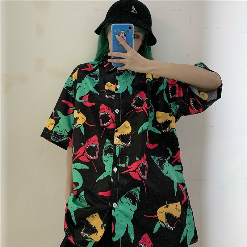 Áo sơ mi unisex chiffon tay ngắn in họa tiết cá mập thời trang ngày thường cá tính vải mềm mịn thoải mái có thể mặc cặp