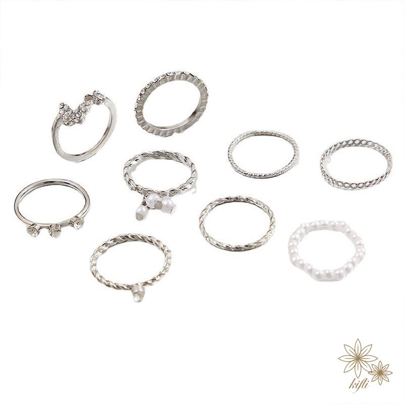 Set 9 nhẫn bạc ngọc trai pha lê thanh lịch Bộ nhẫn mỏng rỗng cho nữ phụ kiện trang sức