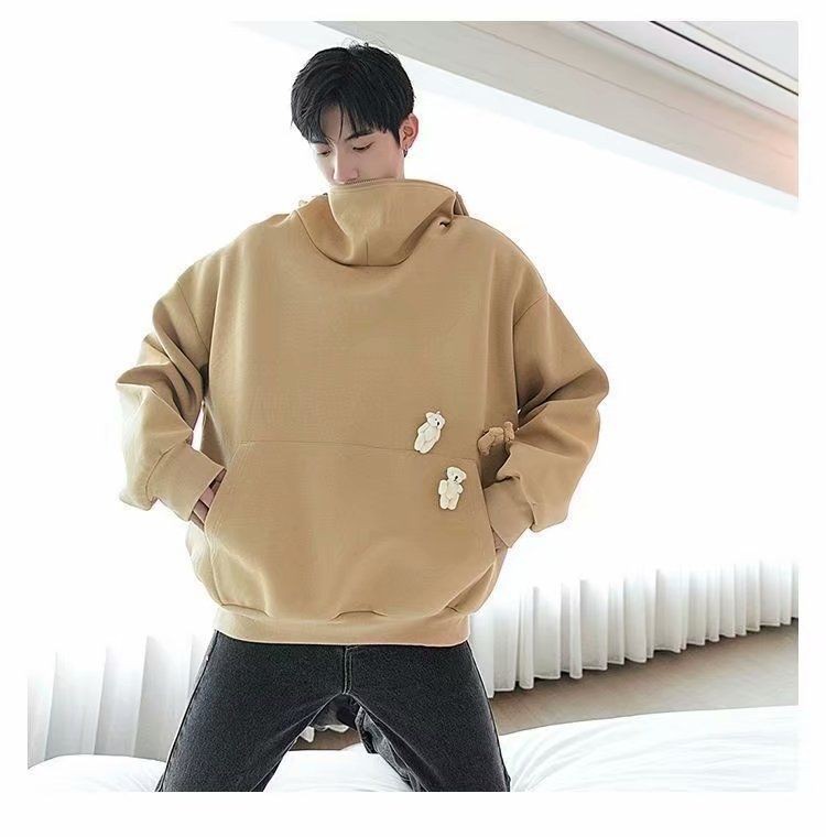 Áo hoodie hình gấu dễ thương-New trendy fashion bear and frog sweater loose autumn and winter couple clothes funny plus