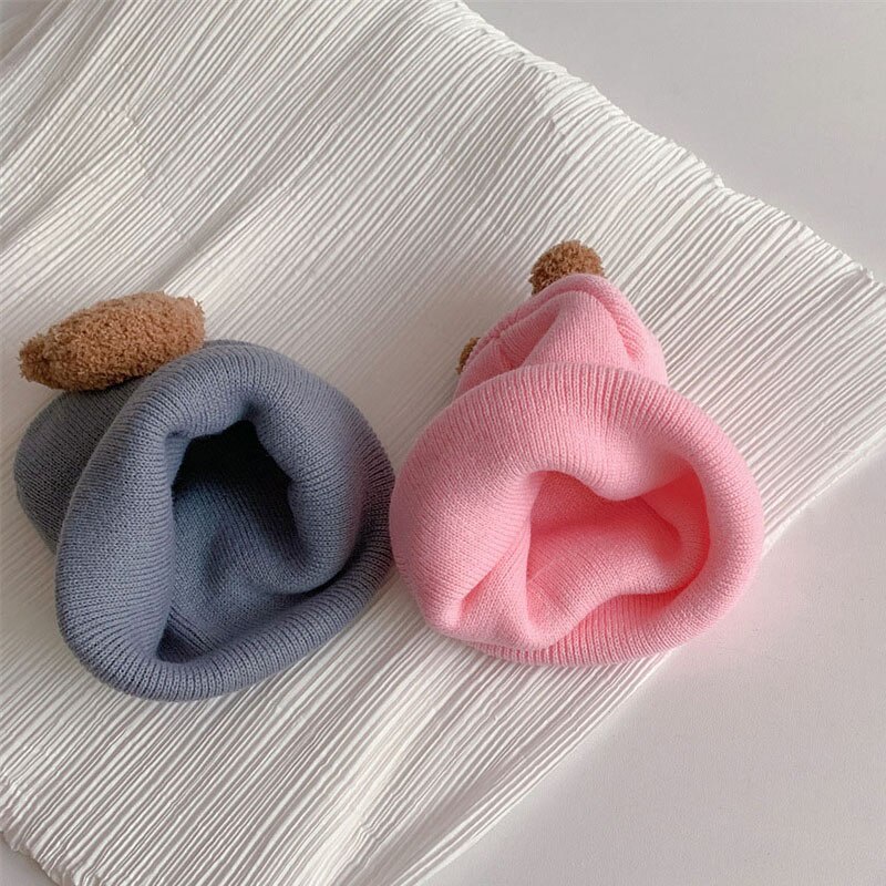 Mũ Beanie Đan Len Mềm Mại Màu Trơn Giữ Ấm Mùa Đông In Hình Gấu Kiểu Hàn Quốc Cho Bé Sơ Sinh