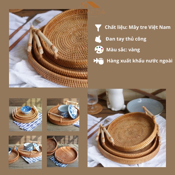 Khay tròn đựng đồ trang trí decor có quai, rổ mây tre đan đa năng tiện dụng Homeda
