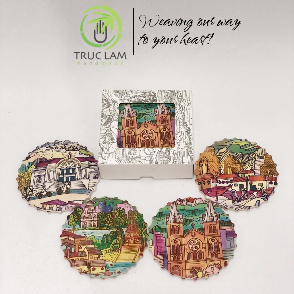 Bộ Lót Cốc Gốm Men Mờ 4 Chiếc Hình Nắp Bia Siêu Thấm Nước Có Đế Gỗ Chống Trơn Trượt - Trúc Lâm Handmade