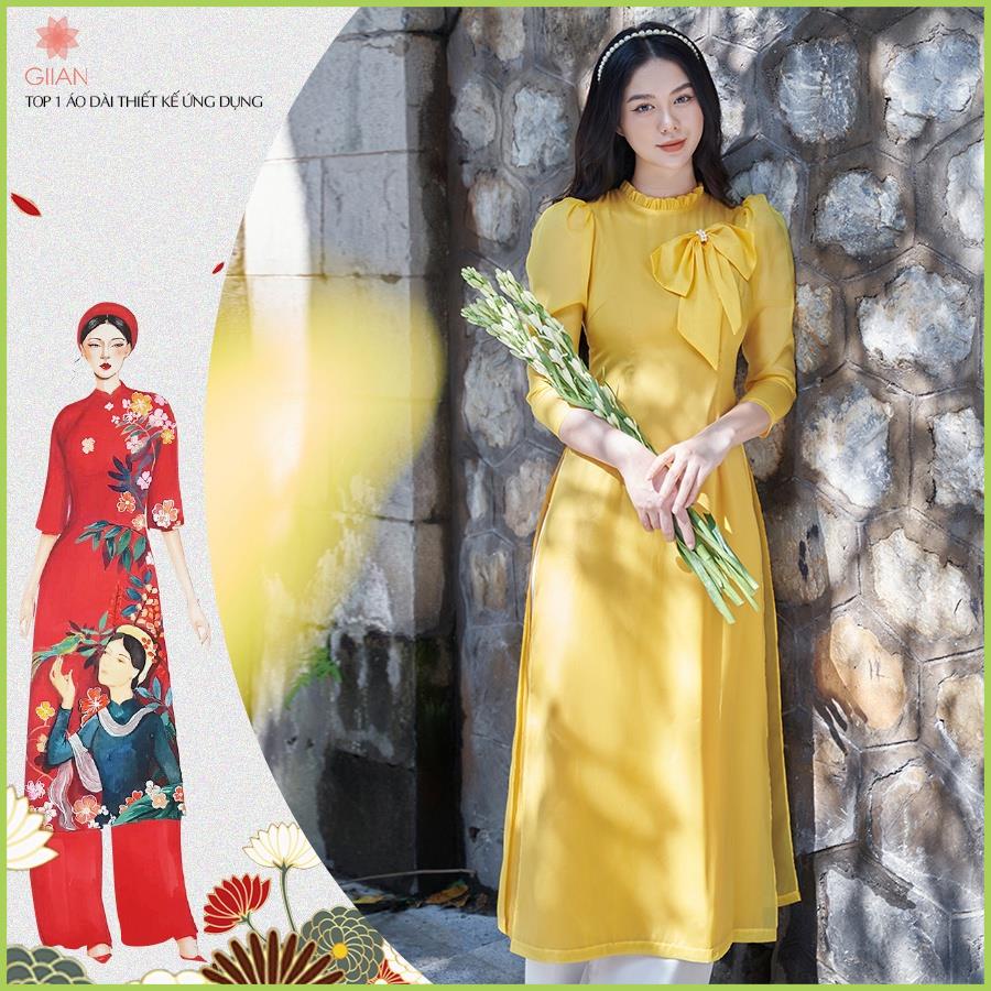 Áo dài cách tân đính nơ ngực thiết kế, áo dài tay bồng bốn tà chất voan nhẹ - AD271 -Design By Giian