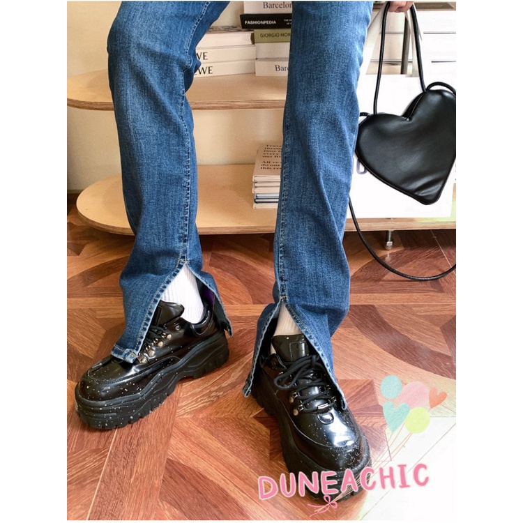 DUNEA Quần jean dài lưng cao dáng rộng co giãn tốt thiết kế quyến rũ cho nữ