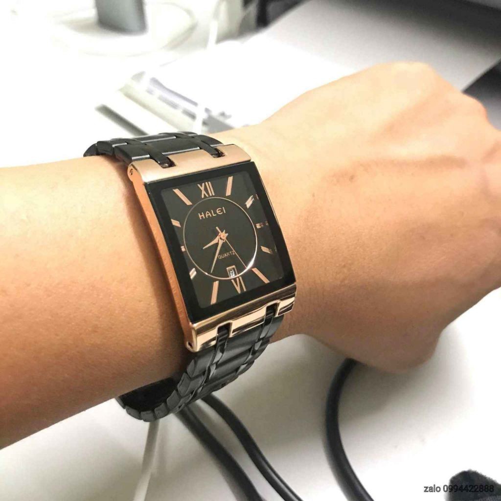 Đồng hồ nam Halei mặt vuông đen viền vàng chính hãng chống nước | BigBuy360 - bigbuy360.vn