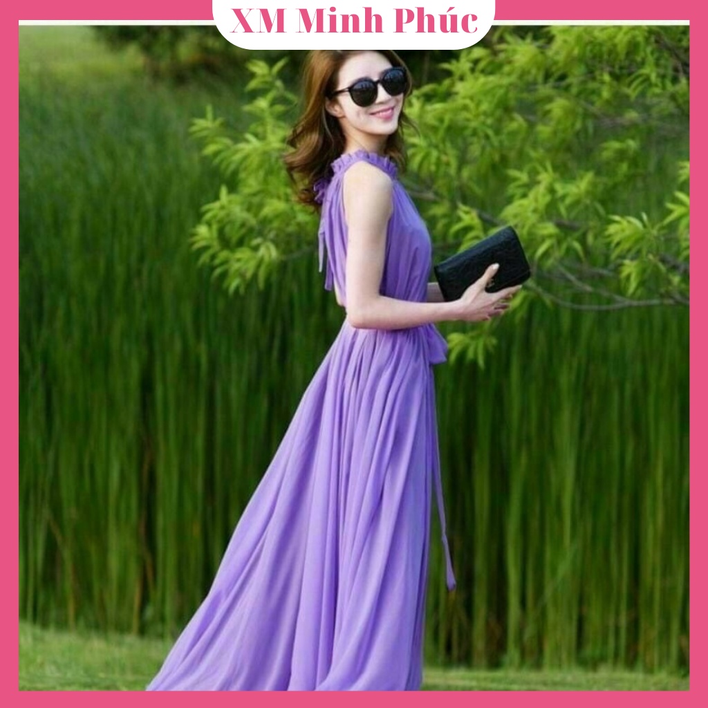 Đầm Maxi Cổ Yếm Xếp Ly Thiết Kế Dáng Dài Cột Nơ Eo Siêu Sang Chảnh Cho Nàng Dự Tiệc Đi Biển Thời Trang Váy Nữ Xm Minh Ph